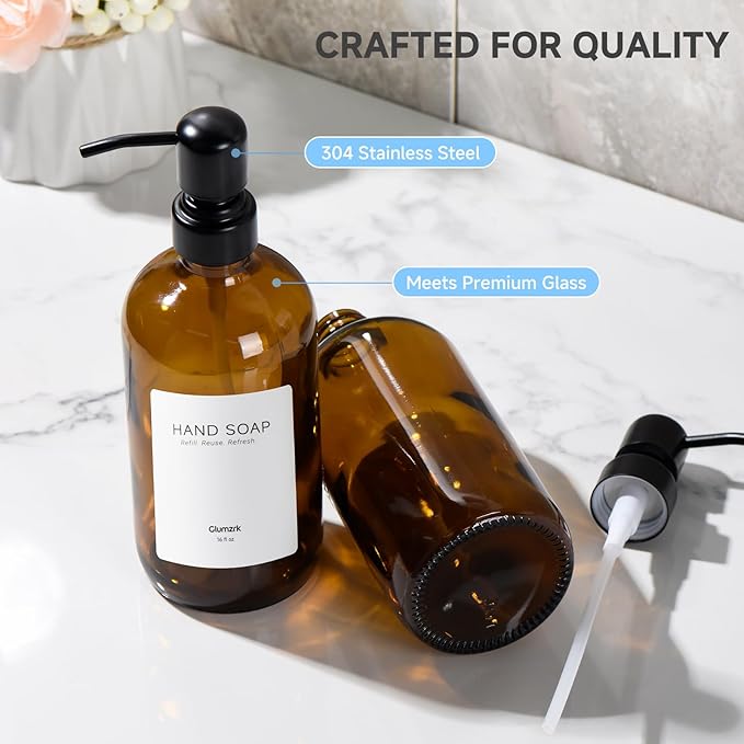 2 Pack Kitchen Soap Dispenser Set - 16oz Amber Glass Dish and Hand Soap Dispenser with Stainless Steel Pump, Instant Dry Tray, Dish Brush & Holder, Refillable Countertop Sink Decor for Kitchen & Bath