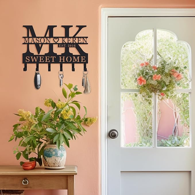Personalized Wall Key Holder for Entryway, Custom Metal Key Hook for Front Door or Kitchen, Key Rack Wall Mount, Keychain Organizer, Gift for Mom, Home Decor, Coat or Bag Hanger