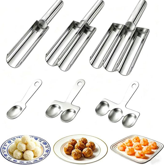 Stainless Steel Meatball Maker Set, 6PCS Meatball Scoop Mold with Scrapers, Single Double Triple Portion Meatball Shaper Tool for Meatballs Rice Balls Cookie Dough Kitchen Cooking Tool