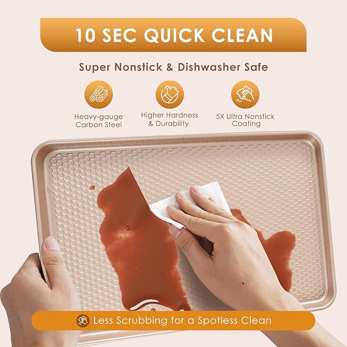 Baking Sheet Pan Set of 3, Nonstick Carbon Steel Cookie Sheets with Texture, Commercial Half/Quarter/Jelly Roll Pans Replacement Toaster Oven Tray, Heavy Duty & Easy Clean, Rose Gold