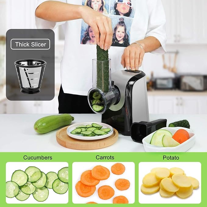 Electric Cheese Grater, Professional Electric Slicer Shredder, 150W Cheese Grater/Chopper Salad Maker, Shredder for Home Kitchen Use with One-Touch Control | 5 Free Attachments