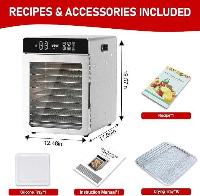 Food Dehydrator, 12 Stainless Steel Trays, 800W Electric Dehydrator Machine with Digital Timer & 194℉ Temp Control, 4 Presets, 10.9ft² Dehydrator for Food and Jerky, Fruit, Herbs, Dog Treats