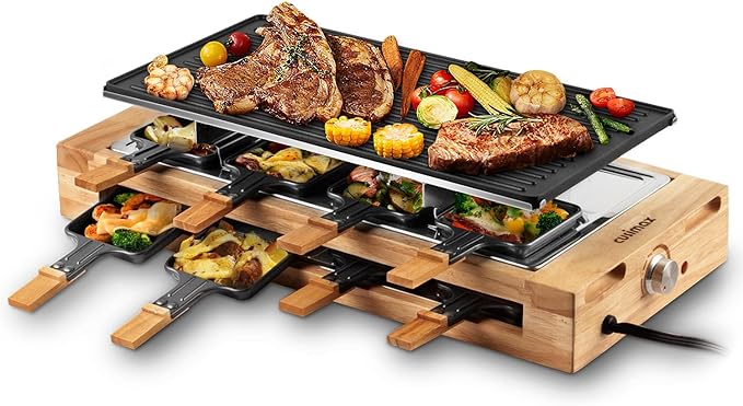 Indoor Grill, CUSIMAX Raclette Table Grill, 1500W Electric Grill Korean BBQ Grill with 2 in 1 Reversible Non-stick Plate/Wooden Base, Party Grill with 8 Trays & Wooden Spatulas, New Model