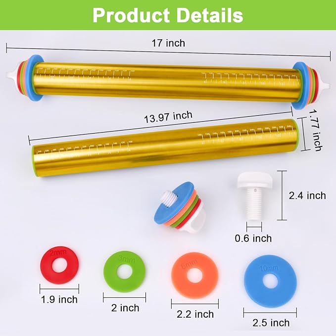 Adjustable Rolling Pins for Baking, Stainless Steel Rolling Pin with Thickness Rings, Metal Dough Roller for Fondant Cookies Pastry Pizza Pasta, Measuring Rolling Pin Baking Tools for Cake Baker, Gold