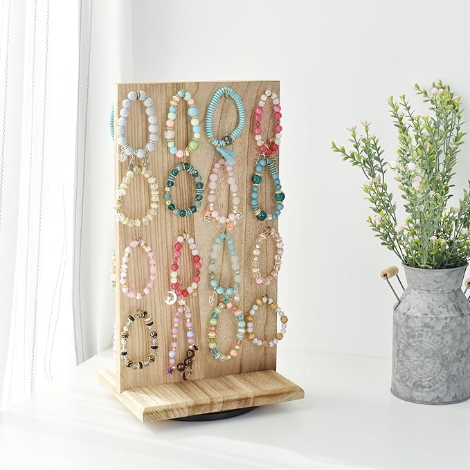 Ikee Design Wooden Rotating Two-Sided Jewelry Display Stand, Rotating Organizer with 32 Hooks for Store, Earring Keychain Display with Hooks, Oak color, 9 W x 7.5 D x 16.5 H in
