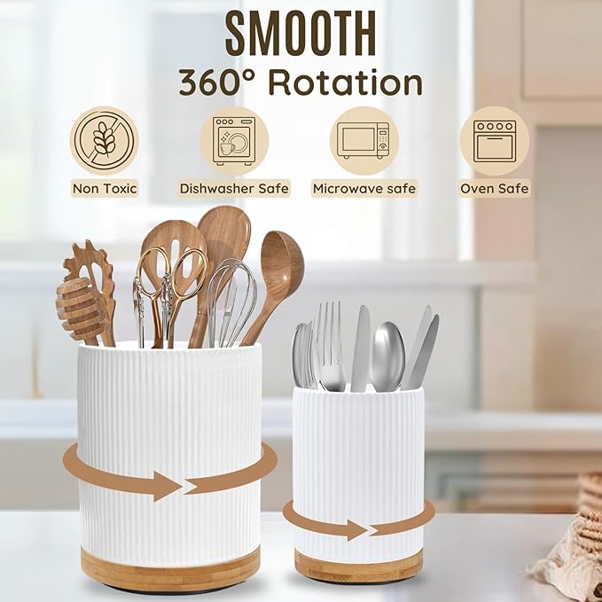 2 Pack Ceramic Utensil Holder, 7.3"+5.4" Large kitchen utensils holder for Countertop, 360° Rotating Cooking Utensil Crock for Kitchen Counter with Detachable Wooden Base, Kitchen Décor