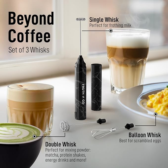 Zulay Froth N Go Milk Frother – Rechargeable 3-in-1 Handheld Frother Wand with Travel Case & USB-C Charger – Single, Double & Egg Whisk for Latte, Cappuccino, Matcha, Protein Shakes – Black Marble