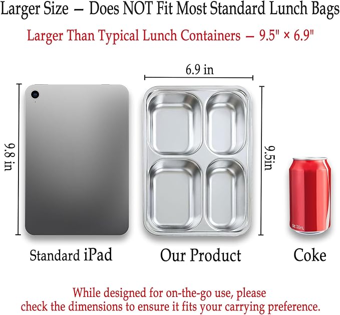 KTKUDY 3 Pack Stainless Steel Snack & Lunch Containers for Kids & Adults - with Plastic Lids & Lunch Bag - 4 Compartments Metal Bento Lunch Box - Meal Prep Containers - Toddler & Kids Plates
