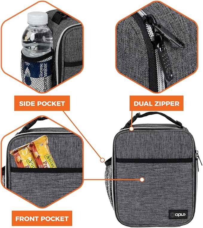opux Premium Insulated Lunch Box, Soft School Lunch Bag for Kids Boys Girls, Leakproof Small Lunch Pail Men Women Work, Reusable Compact Cooler Tote Lunchbox for Office Adult, Charcoal