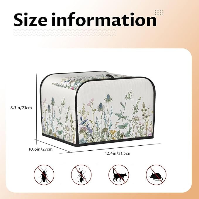 Toaster Cover 4 Slice Wildflowers Leaves Waterproof Appliance Cover with Hang Loop Bread Baker Toaster Cover for Kitchen