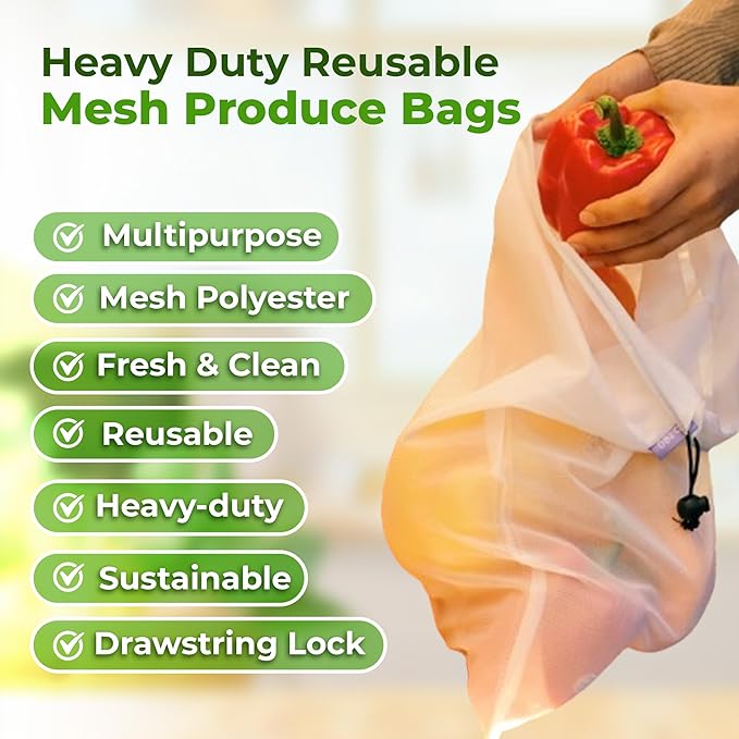 purifyou Set of 9 Reusable Produce Bags – Heavy Duty Washable Mesh Grocery Bags with Drawstring, Ideal for Farmers Market, Beach Storage, Refrigerator Use (Extra Large, Large, Small)