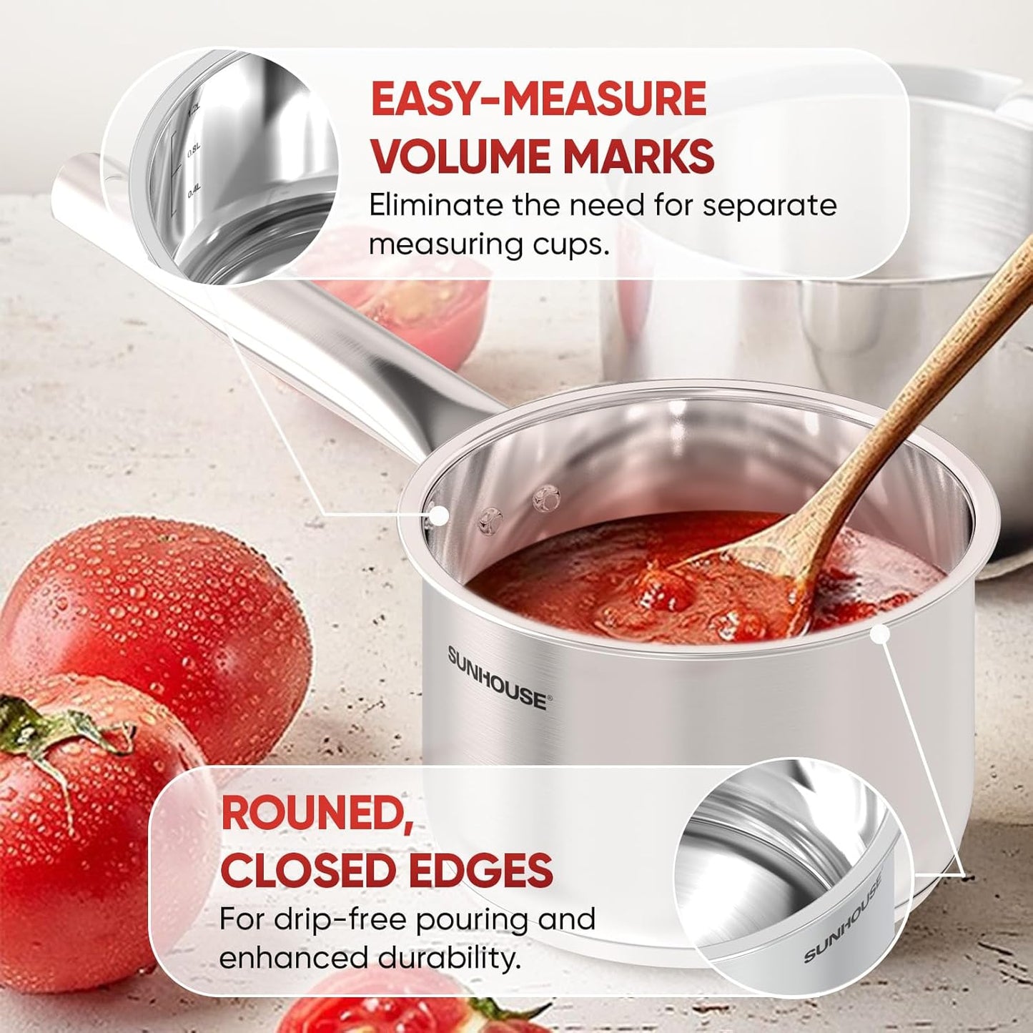 Sunhouse – 3 Quarts Stainless Steel Sauce Pan with Lid - PFOA-FREE, Stainless Steel Sauce Pan, Induction base, Stay-Cool Handle, Compatible with All Cooktops Gas, Geramic, Electric etc.