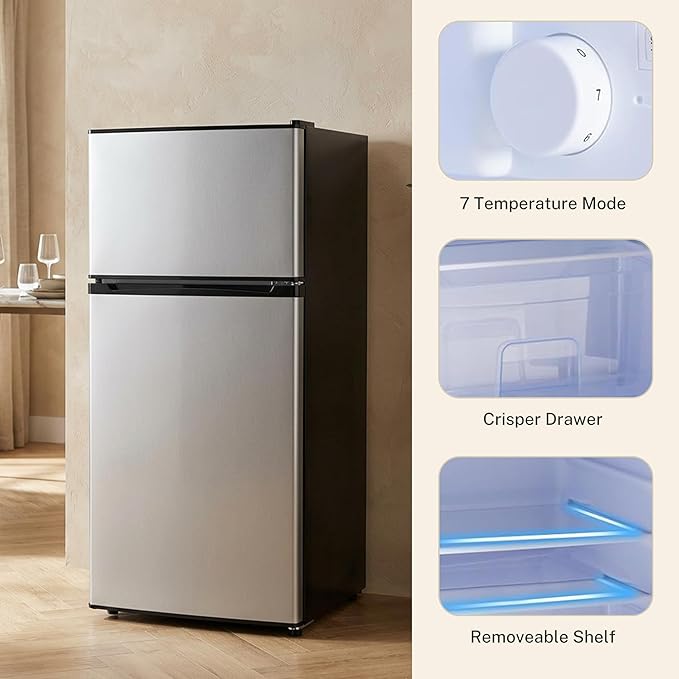 3.2 Cu.Ft Mini Fridge with Freezer, 2 Door Small Refrigerator with Adjustable Thermostat Energy-efficient Low Noise, Compact Fridge for Bedroom, Office, Dorm, Silver