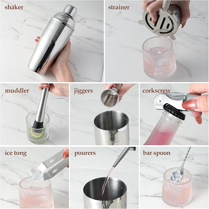 23-Piece Bartender Kit, Cocktail Shaker Set with Stand | Bar Set Drink Mixer Set with All Essential Bar Tools: Martini Shaker,Bar Mixer Spoon, Jigger, Strainer, Muddler, Pourers, for Home, Bar, Party