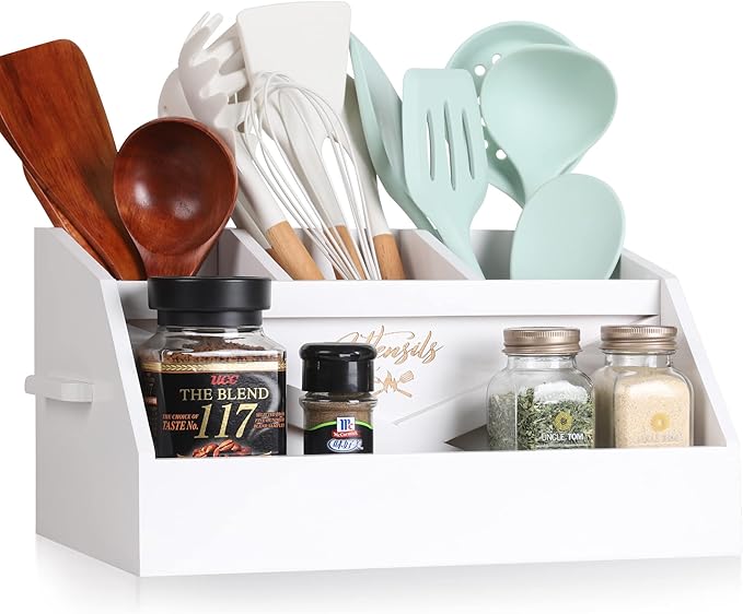 Innovation Kitchen Utensil Holder for Countertop with 4 Compartments, Wood Utensil Organizer for Cooking Tools, White (Utensil Not Included)