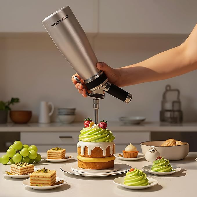Professional Aluminum Whipped Cream Dispenser - 500 mL/1 Pint,Leak-Free Whipped Cream Maker Canister with 8 Decorating Nozzles & Cleaning Brush - N2O Chargers (Not Included) (Silver, 500ml)