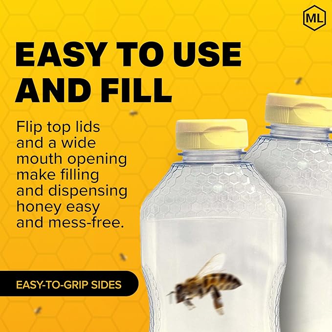 Mann Lake Refillable Hourglass Honey Jars | 1.5 lb Plastic Containers with Yellow Flip-Top Lids | Empty Bottles for Honey Storage & Dispensing | 24-Pack (Honey Not Included)