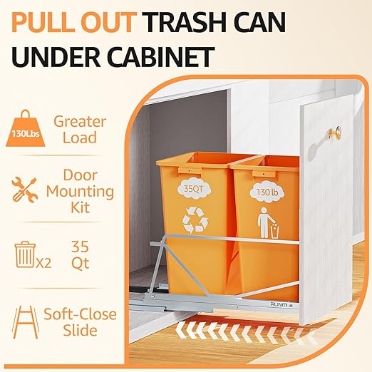 35 Qt Double Pullout Trash Can with Soft-Close Slides, Twin Mode Under Sink Garbage Bin Kit with Door Mounting for Kitchen Cabinets, Trash Can Not Included, Requires 16" W X 23" D Cabinets