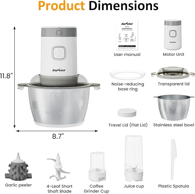 Sunvivi 4-IN-1 Food Processor: Electric Chopper for Meat Grinder, Vegetable Chopper, Juicer, Garlic Peeler & Coffee Grinder, 350W Portable Blender with 2 Speeds, Stainless Steel Bowl, 2 Cups, White