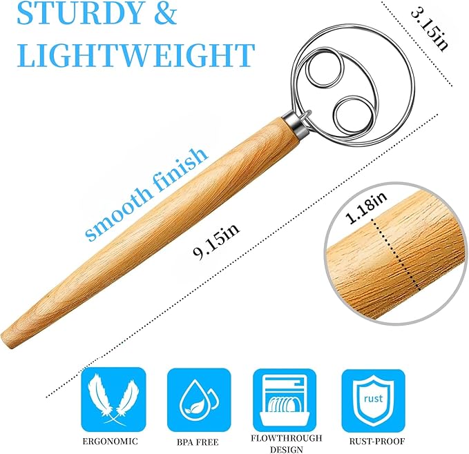 Danish Dough Whisk Stainless Steel Dough Hook Dutch Whisk for Sourdough Bread Dough Mixer Hand Wooden Handle Kitchen Whisking Mixing Tool Bread Making Tools and Supplies pizza dough