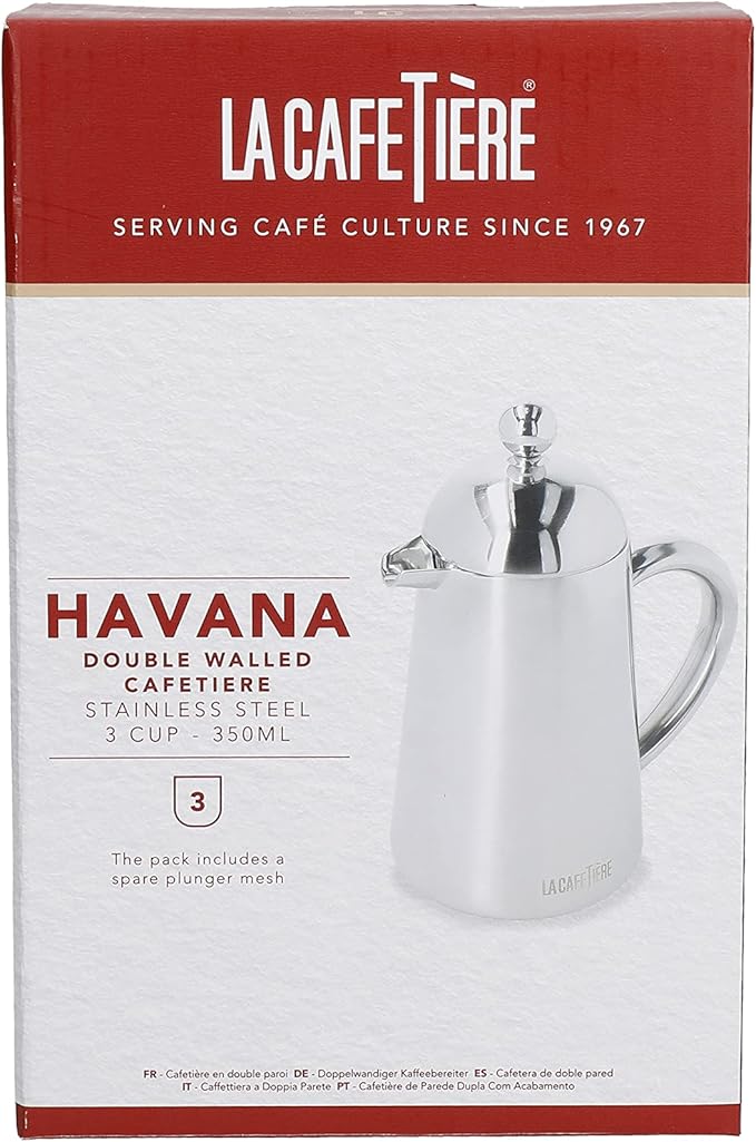 La Cafetière Havana Stainless Steel Double Walled Cafetière, Three Cup, Gift Boxed, Silver