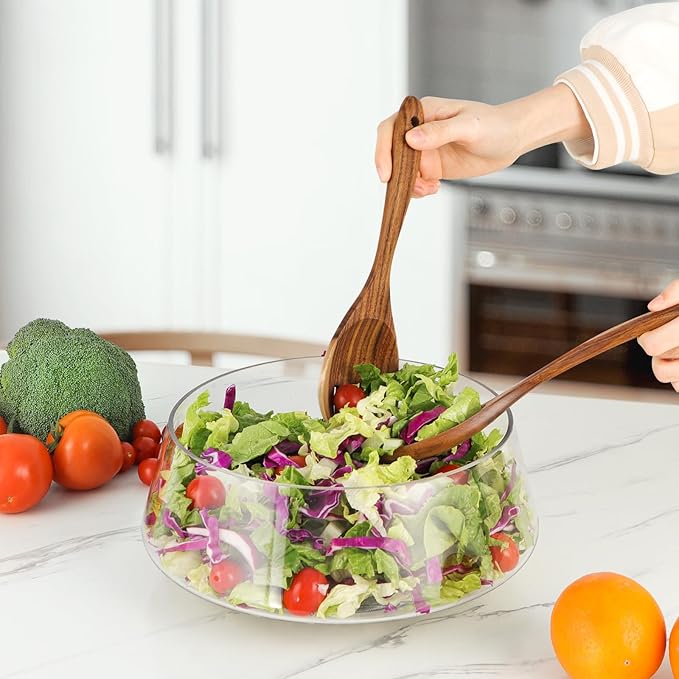 MOLIGOU Large Glass Salad Bowl with Acacia Wood Serving Utensils, 169oz Salad Serving Bowl for Party, Elegant Glass Bowl for Fruit, Trifle, Pasta