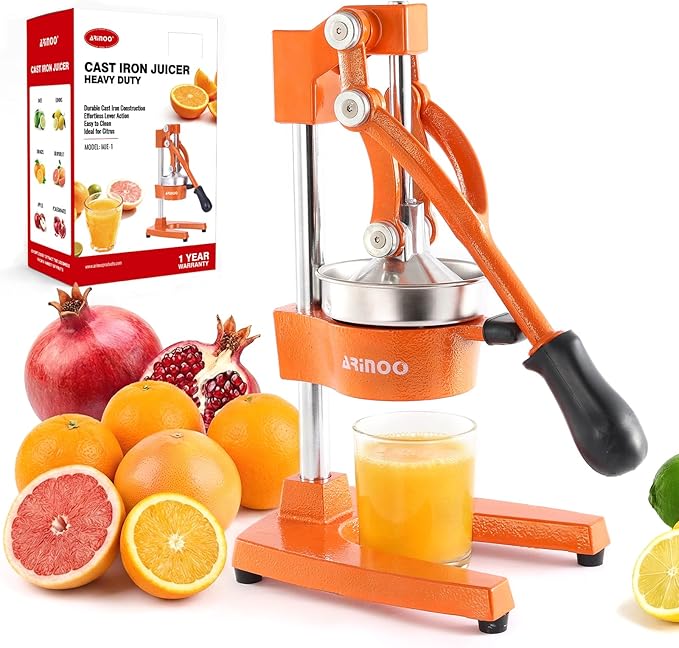Kitchen Cast Iron Citrus Juicer,Manual Hand Press Orange Juicer,Heavy Duty Countertop Squeezer for Lemon,Orange, Easy to Use & Clean（Orange)