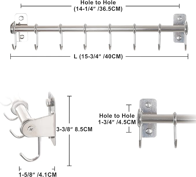 Dseap Kitchen Hooks for Hanging Utensils, Hanging Pot Rack, Kitchen Utensil Hanger Rail with 8 Hooks for Pots Pans, Spoons, Mugs, Wall Mounted, Stainless Steel, Chromed, Pack of 2