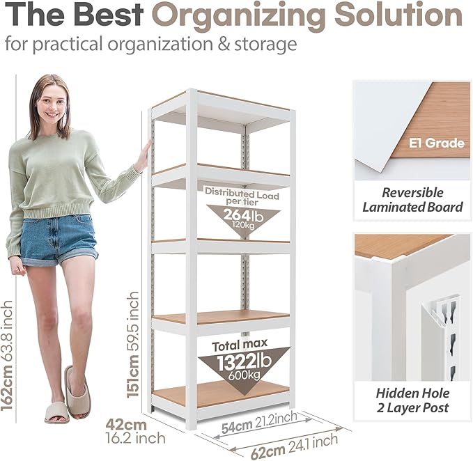 HOMEDANT House 5 Tier 24.4" W Laminated Metal Shelving Unit Adjustable Storage Utility Rack Heavy Duty Shelves Organization Multipurpose Shelf Kitchen Garage Pantry Closet 10 Pack