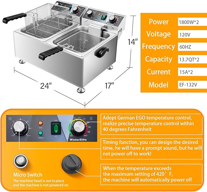 WaterElfo Deep Fryer Commercial Deep Fryers With Basket13Lx2 13.7Qt x 2 Thicken With Precise Temperature Control Timer Double Deep Fryer With 2 Baskets1800Wattsx2 120V Countertop Fryer Restaurant
