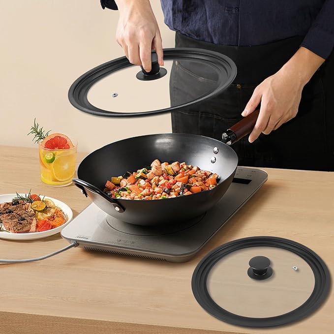 Universal Lid for Pots Pans and Skillets, 2 Pack Pan Cover fit 9", 9.5", 10" & 11", 12", 13" Diameter Cookware, Silicone Replacement Pan Lid Pot Lids for Frying Pans, Cast Iron,Tempered Glass Lid
