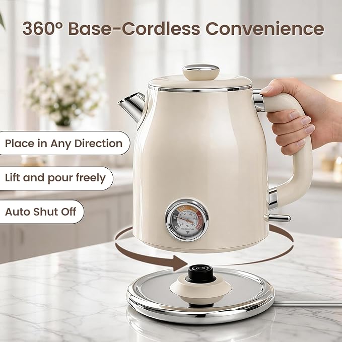 Mecity Retro Electric Kettle 1.7L, Stainless Steel Interior (No Plastic Contact), Double Wall Cool Touch, Fast Boil 1500W, Thermometer (°F/°C), Removable Lid, Wide Opening Easy Cleaning, 120V, Cream