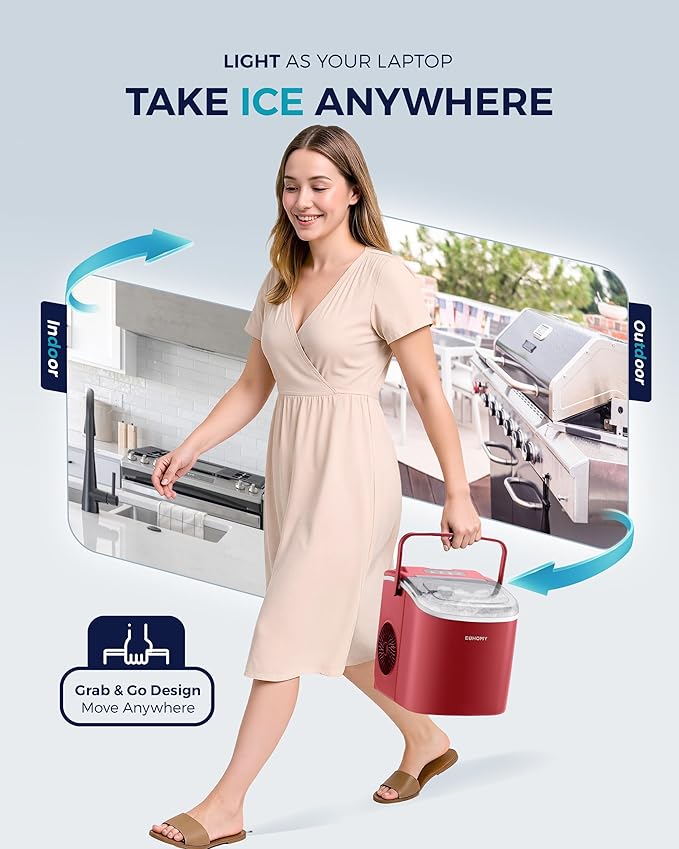 EUHOMY Countertop Ice Maker Machine with Handle, 26lbs Per Day, 9 Ice Cubes Ready in 6 Mins, Auto-Cleaning Portable Ice Maker with Basket and Scoop, for Home/Kitchen/Camping/RV (Red)