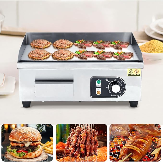 18" 1500W Stainless Steel Electric Griddle, Commercial Countertop Flat Top Grill with Adjustable 122–572°f Thermostat, Includes 2 Spatulas & Cleaning Brushes, Plug-in Grill for Indoor/Outdoor Cooking