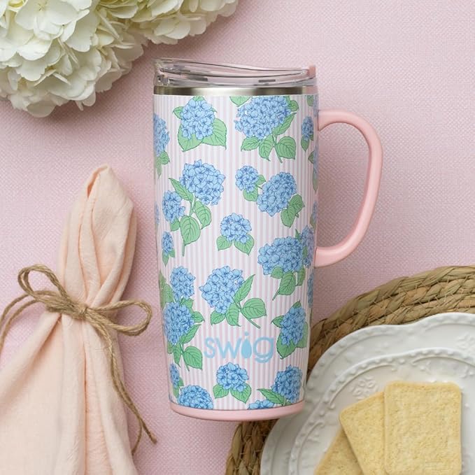 Swig Life 22oz Travel Mug, Insulated Tumbler with Handle and Lid, Travel Coffee Mug, Cup Holder Friendly, Stainless Steel 22 oz Tumbler, Reusable Insulated with Lid (Hydrangeas)