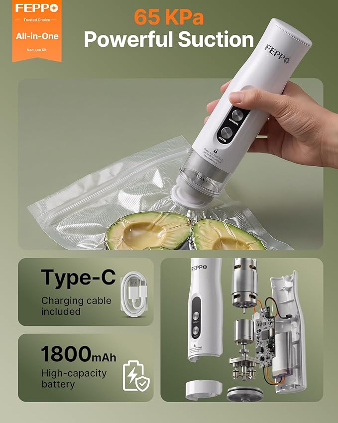 FEPPO Compact Vacuum Sealer for Food (Vacuum Sealer Machine + 3 Containers + 10 Reusable Bags), Anti-Overflow Powerful Portable Handheld Food Sealer, Auto & Manual Modes, Travel Lock, Easy-Clean