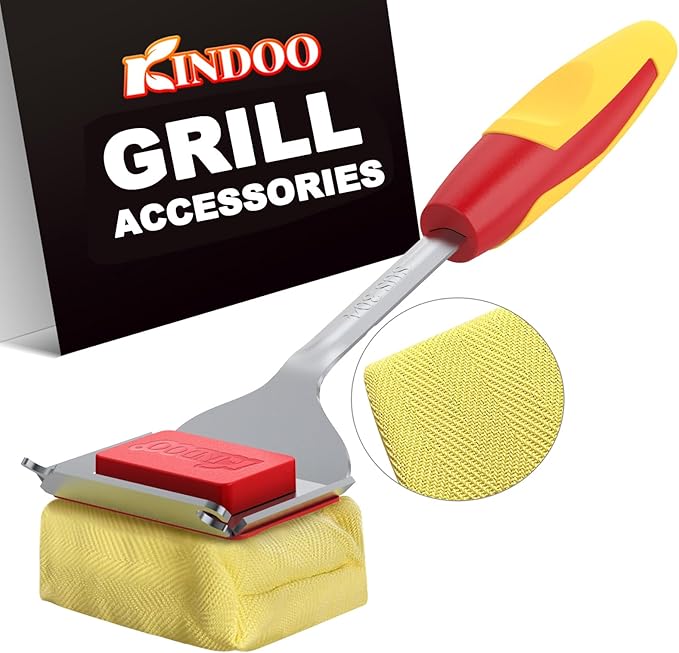 Grill Brush Bristle Free for Outdoor Grill, Steam Grill Cleaning Brush Replaceable BBQ Cleaner Brush Head,Extended Handle, Safe Grill Brush with Scraper for Cast Iron Stainless-Steel Grates,Red
