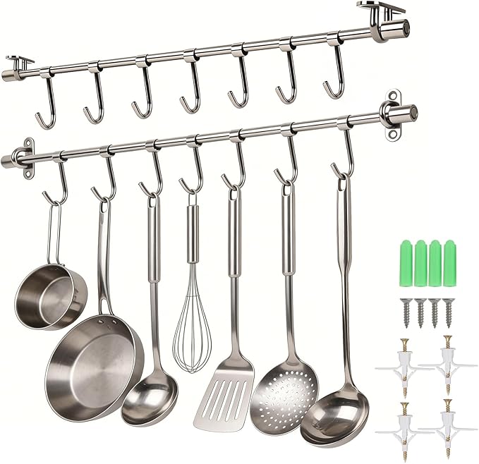 15.7" Kitchen Utensil Rack with Adjustable Holes - 7 Sliding Hooks 304 Stainless Steel, Pots and Pans Hanging Rack Wall Mounted 2 Pack