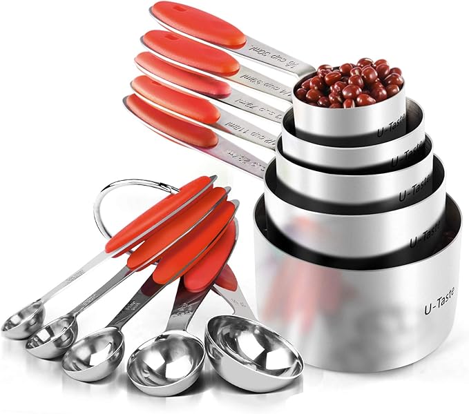 U-Taste 18/8 Stainless Steel Measuring Cups and Spoons (Set of 10, Red), and 18/8 Stainless Steel 600ºF Heat Resistant 11.38in Flexible Non-Stick Spatula & Spoon Spatula (Red)