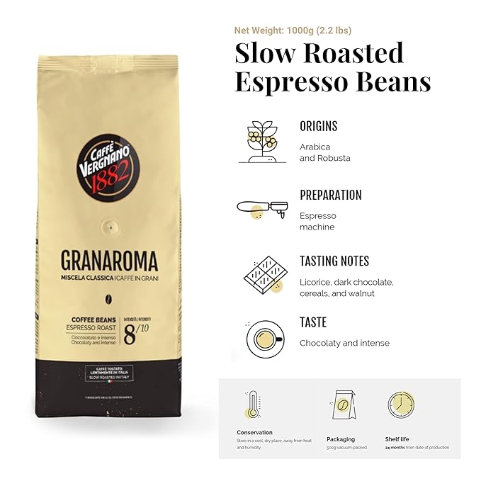 Caffe Vergnano Gran Aroma Whole Bean Coffee 2.2 lb Bag - Medium Roast Espresso Beans Whole, Cocoa Spice Dried Fruit Notes Italian Coffee - For Espresso Maker, Moka Pot, French Press, Coffee Maker