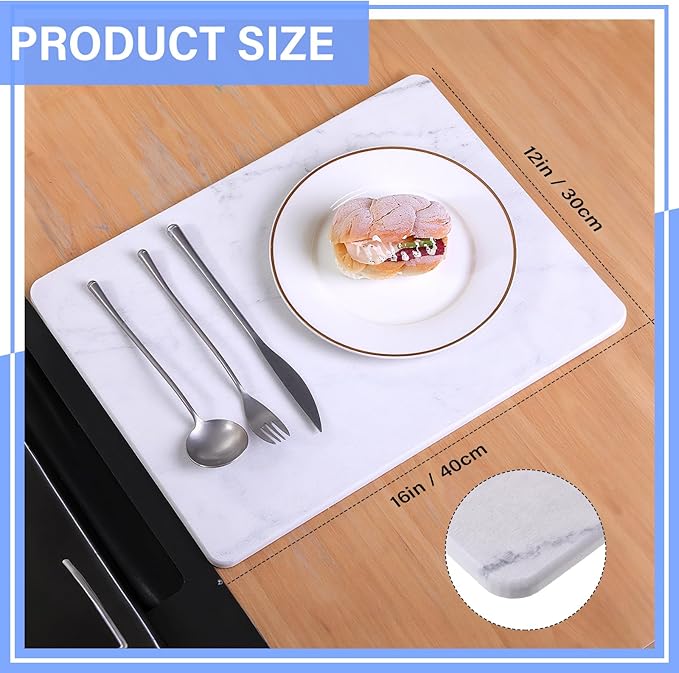 Drydiet 2 Pcs Large Dish Drying Coffee Mat for Kitchen Counter Diatomaceous Dish Dry Mat 11.8" x 18.9" Quick Drying Dry Mats for Coffee Machine Pads(White,Marble)