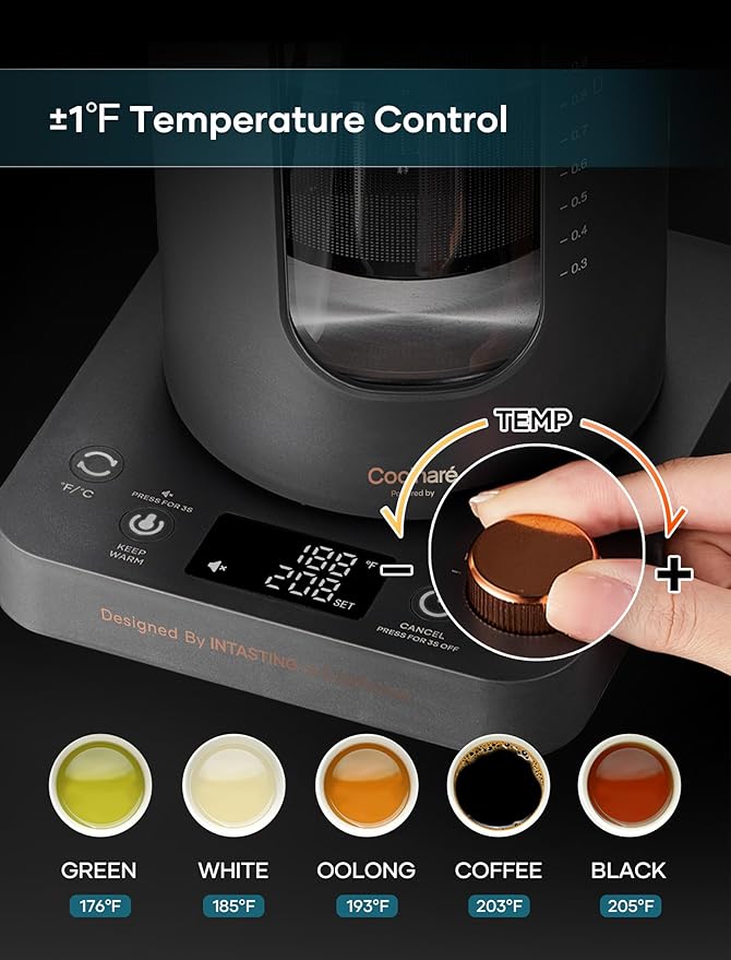INTASTING Electric Tea Kettle, Electric Kettle with Tea Infuser, ±1℉ Knob Temperature Control, BPA-Free Glass, 1200W Fast Heating, Easy to Clean, 1 Liter (Dark Gray)