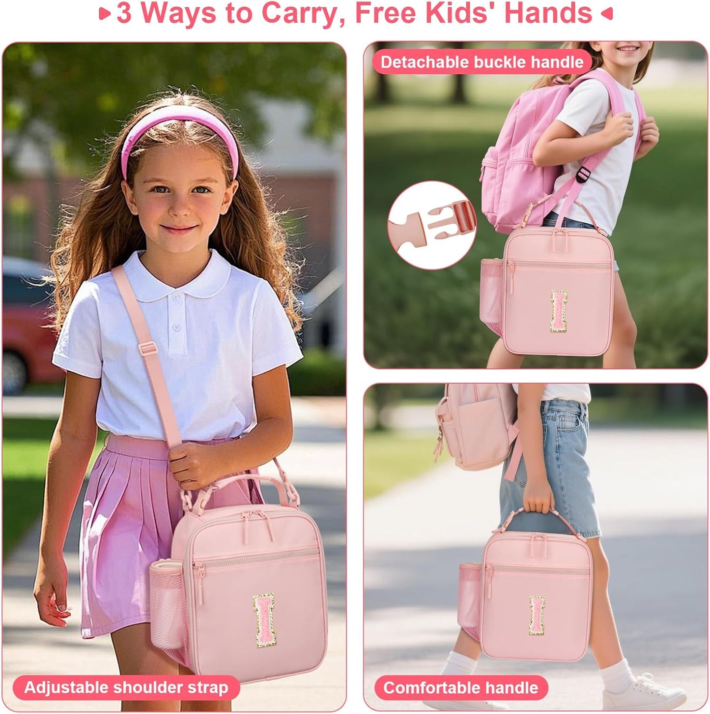 Initial Insulated Lunch Bag for Girls Kids, Back to School Gift, Reusable Leak-proof Lunch Box with Adjustable Strap for School Daycare Travel Picnic (Pink,I)