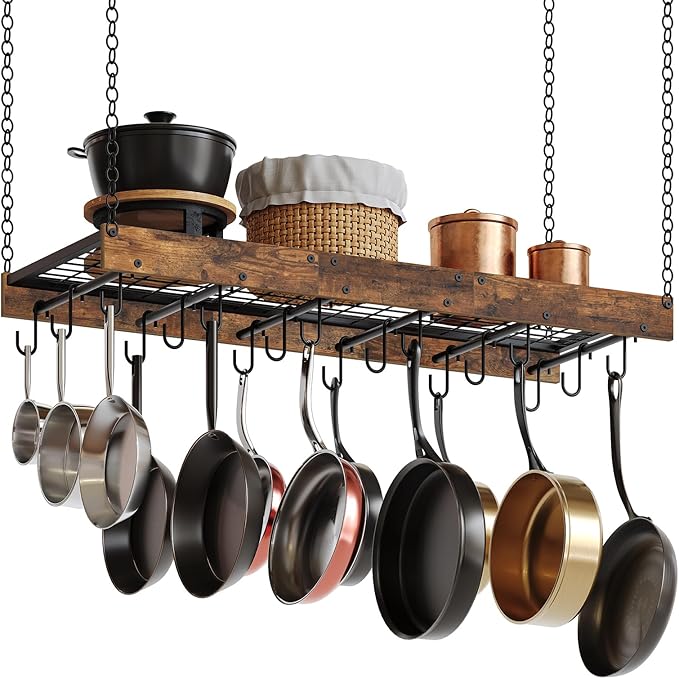 CHOEZON Hanging Pot Rack, Ceiling Wall Mounted Pot Rack for Kitchen, Industrial Style Pot Hanger with 18 Hooks, Cookware Storage Organizer, for Pots and Pans, Rustic Brown and Black TPR12BFC1