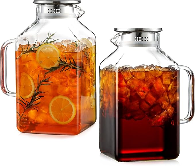 2 Pack 1 Gallon Square Glass Pitcher with Lid and Spout, Borosilicate Glass Carafe for Hot/Cold Drink, Water Pitchers with Handle for Fridge, Extra Large Jug for Iced Tea, Coffee, Juice, Beverage