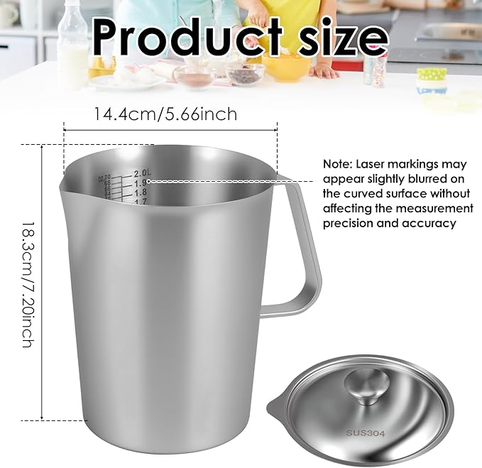 2 L Stainless Steel Pitcher with Lid, 70 OZ Large Metal Measuring Cup with Marking & Handle, Large Mouth Graduated Beakers, Milk Frothing Jug Metal Pitcher for Coffee Latte Art, Hot/Cold Water