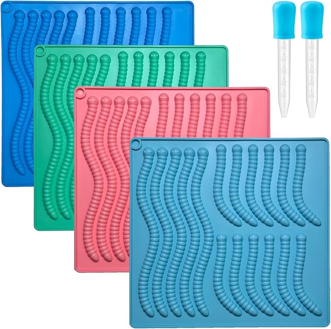 Gummy Candy Molds - 4Pcs Silicone Gummy Worm Molds wth 2pcs Dropper,Non-stick and Bpa Free for Mini Candy Chocolate Gummies Baking