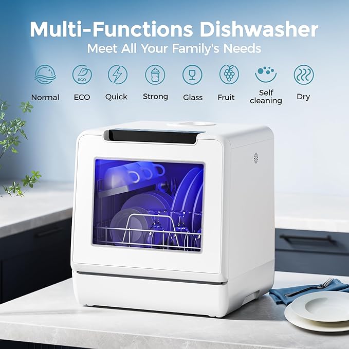 EUHOMY Countertop Dishwasher, 8 Programs Portable Dishwasher with 5L Built-in Water Tank and Inlet hose, No Hookup Needed, Mini Dishwasher with Self Clean/Baby Care/Air Dry, for Apartments, RVs, White