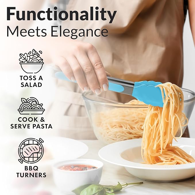 Zulay Stainless Steel Kitchen Tongs with Silicone Tips - Set of 2 (9” & 12”) Locking Cooking Tongs with Non-Slip Grip - Heat Resistant, BBQ Food Tongs for Non-Stick Cooking Pans (Silver/Light Blue)