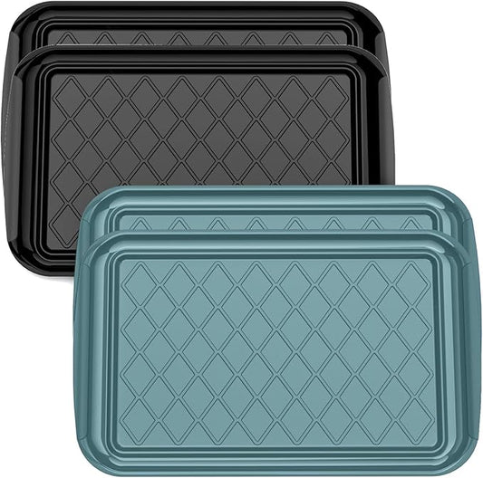 Serving Trays for Party - Set of 4, Large Serving Platters for Raw and Cooked Food, Dishwasher Safe, 17×10.5-inch Stackable Plastic Party Supplies for Grilling, BBQ, Meal Prep (Green, Black)